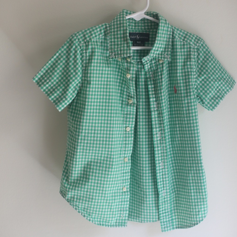 Ralph Lauren Boys Green Gingham Short Sleeve Button Down Shirt 4T Pink Pony